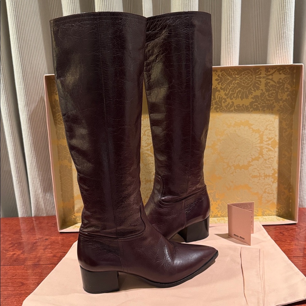 MIU MIU VITELLO SHINE BROWN TALL LEATHER BOOTS SIZE EU 37.5 - Picture 10 of 12